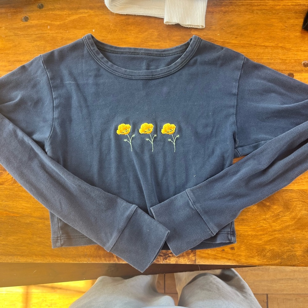 Navy Blue Long Sleeve Crop Top with Yellow Floral Embroidery